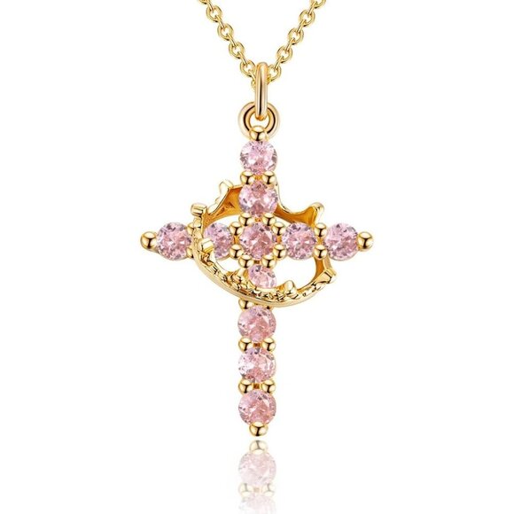 Perfect Gift Women Crown M10 Tourmaline Cross Necklace Gold Plated Faith Jewelry - Picture 8 of 8